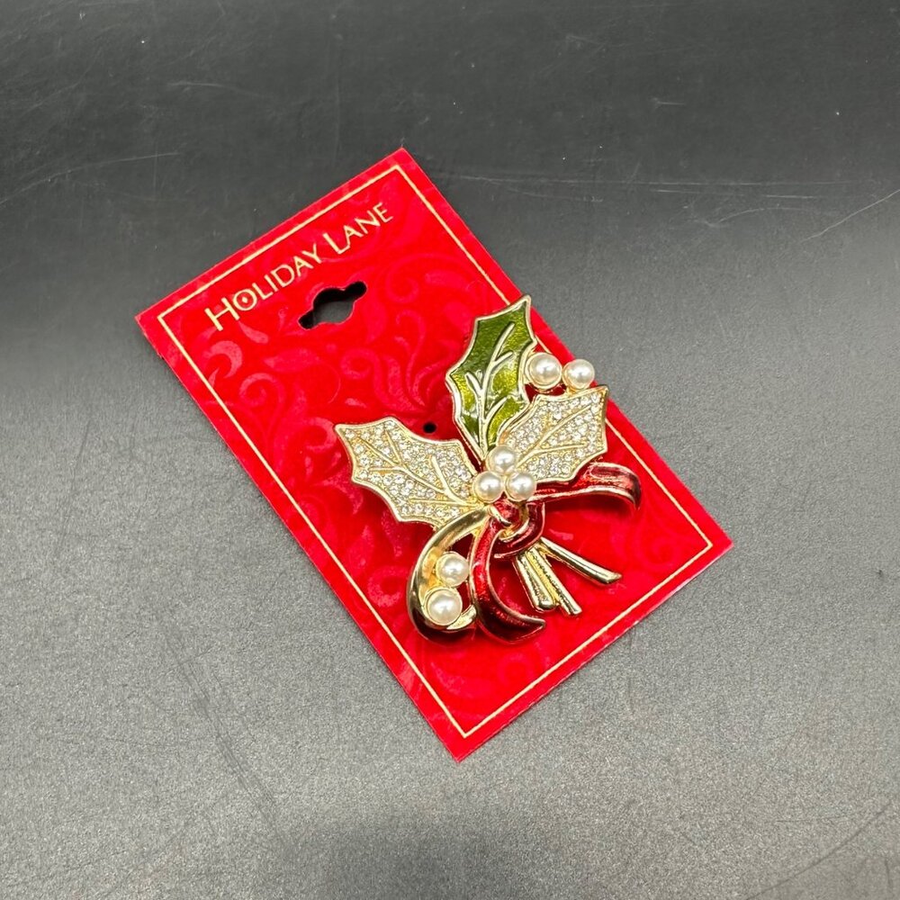 Christmas Brooch Pin Holiday Lane Holly Red Green Enamel Faux Pearls Rhinestones